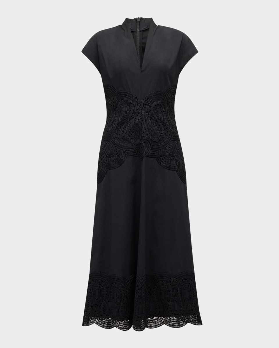 V-Neck Lace Embroidered Midi Dress